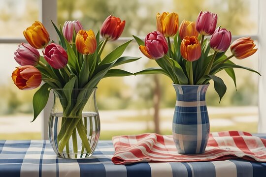 Fototapeta Summer-themed tulips in a striped vase