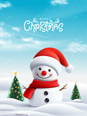 Cute 3D snowman wearing red Santa hat and scarf in snowy winter landscape with decorated Christmas trees, cheerful festive holiday greeting card background.
