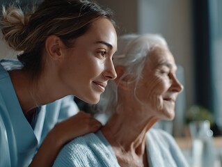 Caregiver leaning toward an elderly woman, symbolizing dementia support, reassurance, and trust-based interaction in a warm documentary style