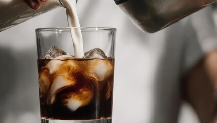 Creamy White Russian cocktail being poured into a glass with ice and coffee liqueur.