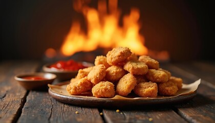 Crispy chicken nuggets arranged on wooden surface near sauce bowls. Fire backdrop complements the golden food. Delicious snack with ketchup. Fast food meal with fried pieces.