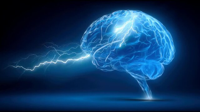 A striking brain illustration with lightning bolts indicating powerful ideas and innovative thoughts in action. Striking Brain and Lightning Concept &ndash; Animated Video Version
