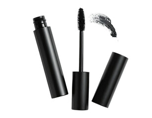 Mascara open tube, brush, black smear, on black backdrop