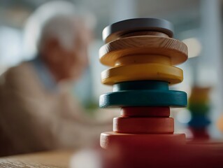 Stacked wooden rings in focus with an elderly figure blurred behind them, symbolizing dementia regression, memory decline, and emotional distancing in a minimal conceptual scene