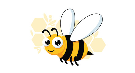 Cute and happy cartoon bee flying with a honeycomb pattern in the background, perfect for children's books or nature themes.