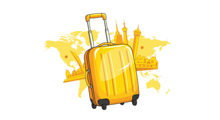 Yellow rolling suitcase in front of a world map with famous landmarks, illustrating a concept of global travel and tourism.