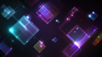 Neon glowing squares on dark background, abstract geometric design with shiny highlights