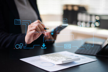 professional man uses a tablet to analyze data on a virtual interface, symbolizing business innovation, technology, and global connection.