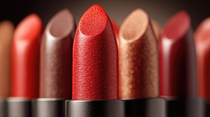 Close-up of various lipstick shades arranged in a row