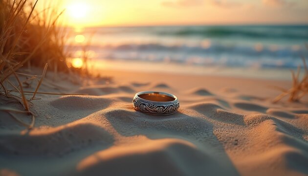 Wedding ring lies on sandy beach dunes near ocean waves at golden hour sunset. Symbolizes love marriage and tropical paradise vacation. Natural serene landscape background.