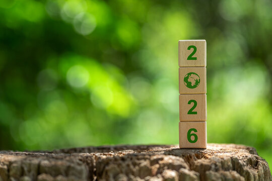 Wooden blocks with number 2026 and earth icon on tree stump for sustainable environment, green future, and global development goals for eco-friendly growth and climate responsibility. new year 2026