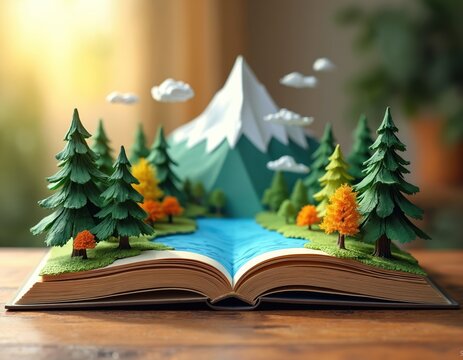 Open book displays miniature paper craft landscape with mountain river, trees. Diorama scene unfolds, telling nature story. Imagination sparks, creativity blooms. Fantasy world comes alive on pages.