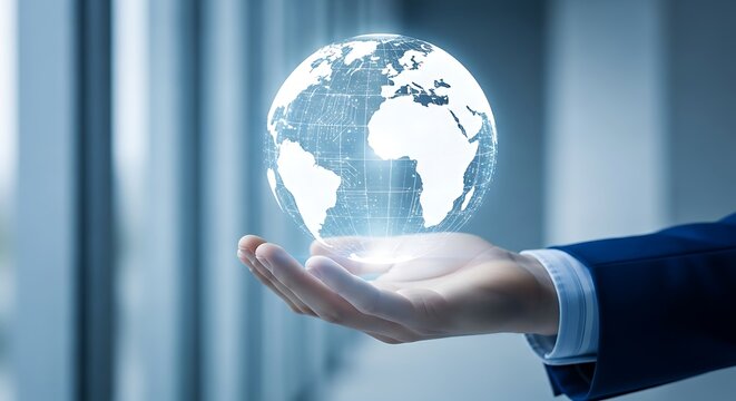 Hand holding a glowing digital globe representing global business network