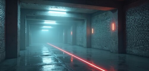 Fototapeta premium Dark, foggy, futuristic tunnel with wet concrete floor. Blue neon strip lights illuminate ceiling structure. Grungy brick, cement walls feature glowing orange vertical lights. Sharp red laser line