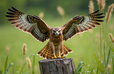 Fototapeta premium Common buzzard sits on tree stump with wings spread wide. Bird of prey looks directly at camera with sharp eyes. Brown feathers detailed, showing striped pattern on wings, tail. Nature scene with