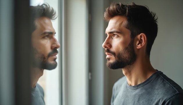 Man looks at himself in window reflection. He has serious expression, deep thought, maybe feeling unsure. Contemplative mood, introspection, inner conflict, self doubt.