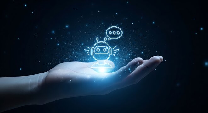 Hand holding a glowing chatbot icon symbolizing artificial intelligence support