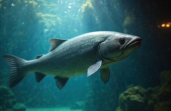 Large arapaima fish swims in aquarium water. Freshwater giant pirarucu has scales and fins. Aquatic animal is behind glass underwater. Deep blue sea habitat.