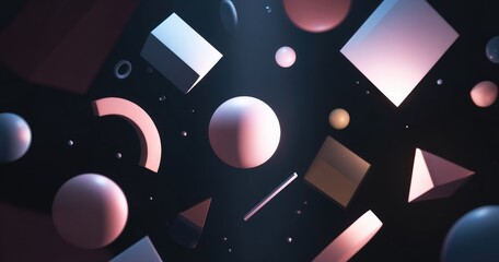 Floating, geometric shapes in pastel colors against a dark background, abstract composition