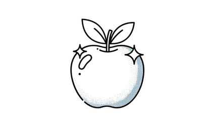 Stylized cartoon apple with leaves and sparkles, symbolizing freshness and health.