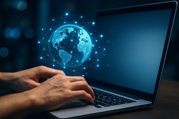 Hands typing on laptop with glowing digital globe and connected network nodes on dark background, symbolizing global connectivity and data exchange concept. Ai generative