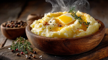 Creamy mashed potatoes served in a rustic wooden bowl, topped with melting butter, herbs, and pepper, releasing warm steam for a cozy homemade feel.