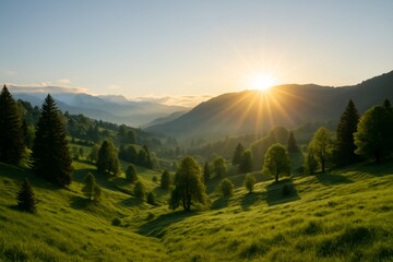 Peaceful sunrise over lush green hills with scattered trees and distant mountains under clear sky in scenic natural landscape background concept. Ai generative