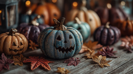 A collection of colorful Jack-o-lantern pumpkins sits among autumn leaves on a rustic wooden surface, creating a warm and festive Halloween atmosphere.