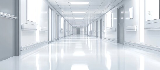 Obraz premium Long, empty, and brightly lit white hospital corridor with shiny floors and numerous doors, creating a sense of depth and cleanliness.