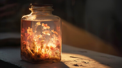 A glowing jar filled with delicate flowers illuminated by warm light, creating a magical, dreamy atmosphere with soft shadows and enchanting natural details.