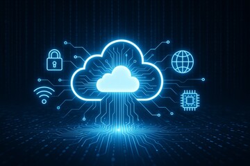 Glowing cloud computing concept with digital network icons on futuristic dark background depicting secure data storage and global tech integration. Ai generative
