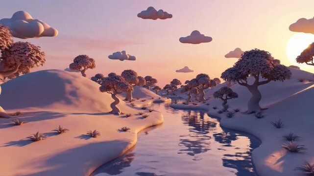 Serene landscape at sunset with stylized trees and a winding river reflecting pastel skies