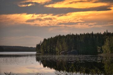 Golden sunset over a tranquil forest lake in Scandinavia.