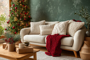 A cozy Christmas living room featuring a softly lit tree, neutral pillows, and a warm red knit blanket on a beige sofa, creating a festive and inviting holiday atmosphere.