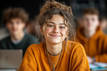 A cheerful student with curly hair and a warm smile sits in class, wearing an orange sweater, radiating confidence and positivity as classmates blur softly behind her.