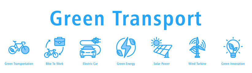 Green Transport web banner icon vector illustration with icons of Green Transportation, Bike to Work, Electric Car, Green Energy, Solar Power, Wind Turbine, and Green Innovation.