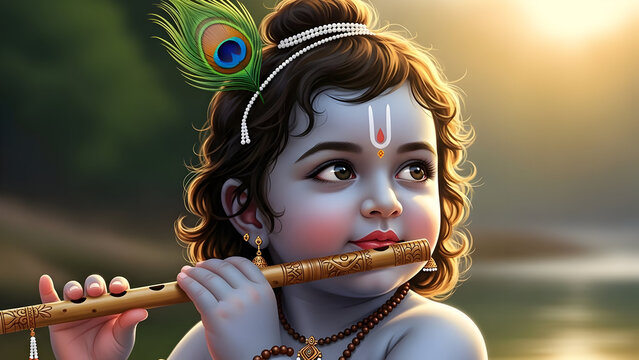 Adorable Bal Krishna Playing Flute (Murali) with Peacock Feather in Hair and Sunset Light