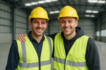 Two smiling male construction workers in safety gear standing inside an empty warehouse with industrial background and bright lighting concept. Ai generative