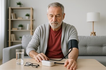 Senior man checking blood pressure at home with electronic monitor, seated on sofa in living room with soft light and modern interior background. Ai generative