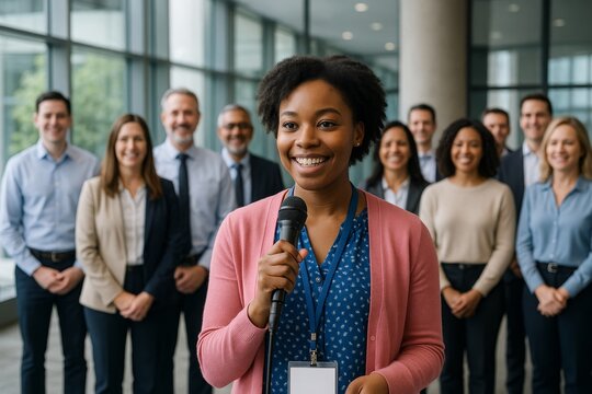 Smiling young woman speaking confidently with microphone during office event, diverse business team standing in background with modern glass walls visible. Ai generative - Powered by Adobe