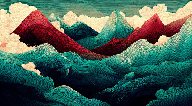 Vibrant Abstract Mountain and Wave Landscape with Clouds