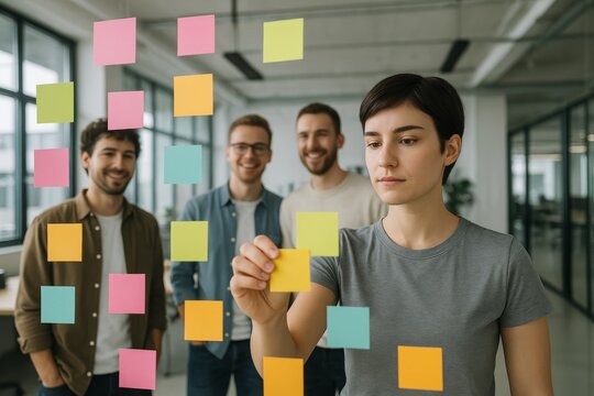 Focused woman placing sticky notes on glass board while creative team brainstorms ideas in modern office background, teamwork and planning concept. Ai generative