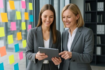 Two businesswomen brainstorming ideas using a tablet in office with sticky notes on glass wall background, showcasing teamwork and planning concept. Ai generative