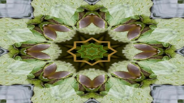 Symmetrical kaleidoscopic pattern formed by green organic shapes, water droplets, and subtle frog-like elements for an abstract nature concept and meditative art