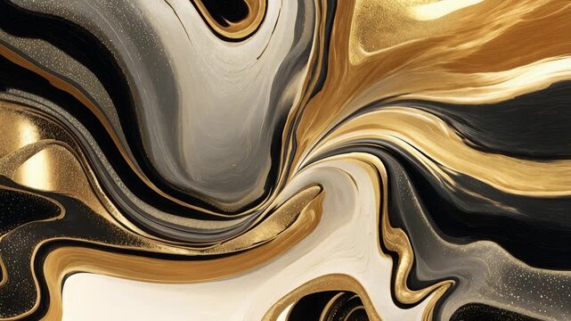 Luxurious flowing marbled ribbons of black and liquid gold swirling in elegant motion, premium abstract background for beauty, cosmetics, fashion, and upscale branding reels needing classy v