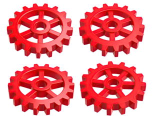 Four red gear wheels, isometric