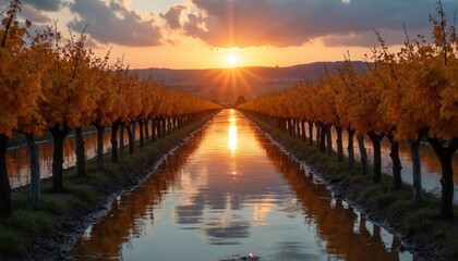 Naklejka premium Sunset view over flooded vineyard. Water covers crops along rows of trees. Nature scene shows reflection of trees on water during sunset. Climate change impact.