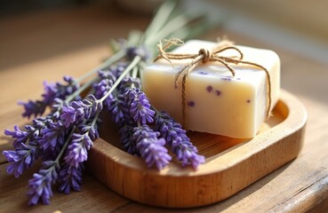 Natural lavender soap bar tied with string on wood dish. Fresh purple flowers next to. Handmade cosmetic product promotes skin care, body health, wellness. Offers relaxing aroma therapy for calming