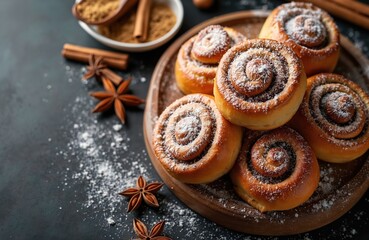 Close up photo of fresh cinnamon rolls dusted with powdered sugar. Rolls arranged on wood plate with star anise. Food photo can be used for culinary projects or holiday themes.