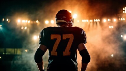 Back view of an American football player under stadium lights, helmet shining through hazeelectrifying tunnel‑vision moment for sports hype reels, teamwork themes, and motivational cam - Powered by Adobe